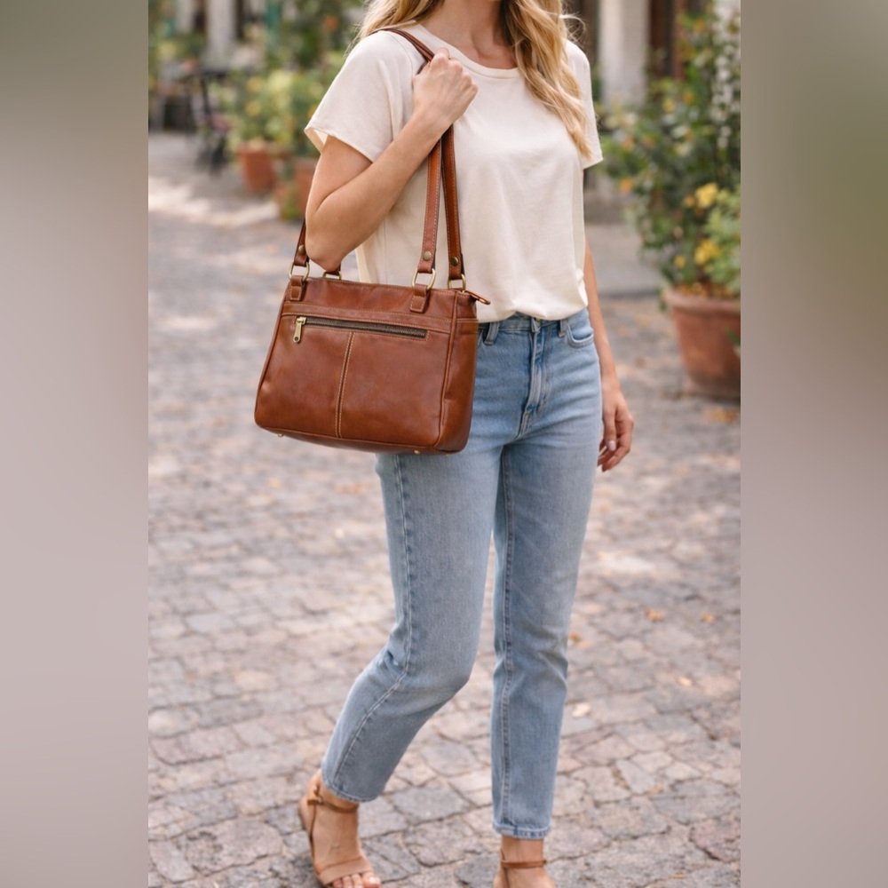 Patricia Nash Poppy Leather Zip Top Tote Cognac Brown Shoulder Bag